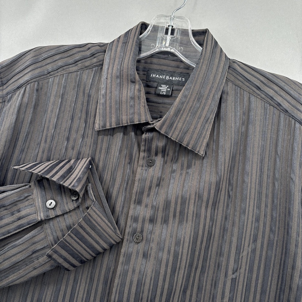 Jhane Barnes Shirt Mens Large‎ Brown Black Textured 3D Striped Button Up Dress